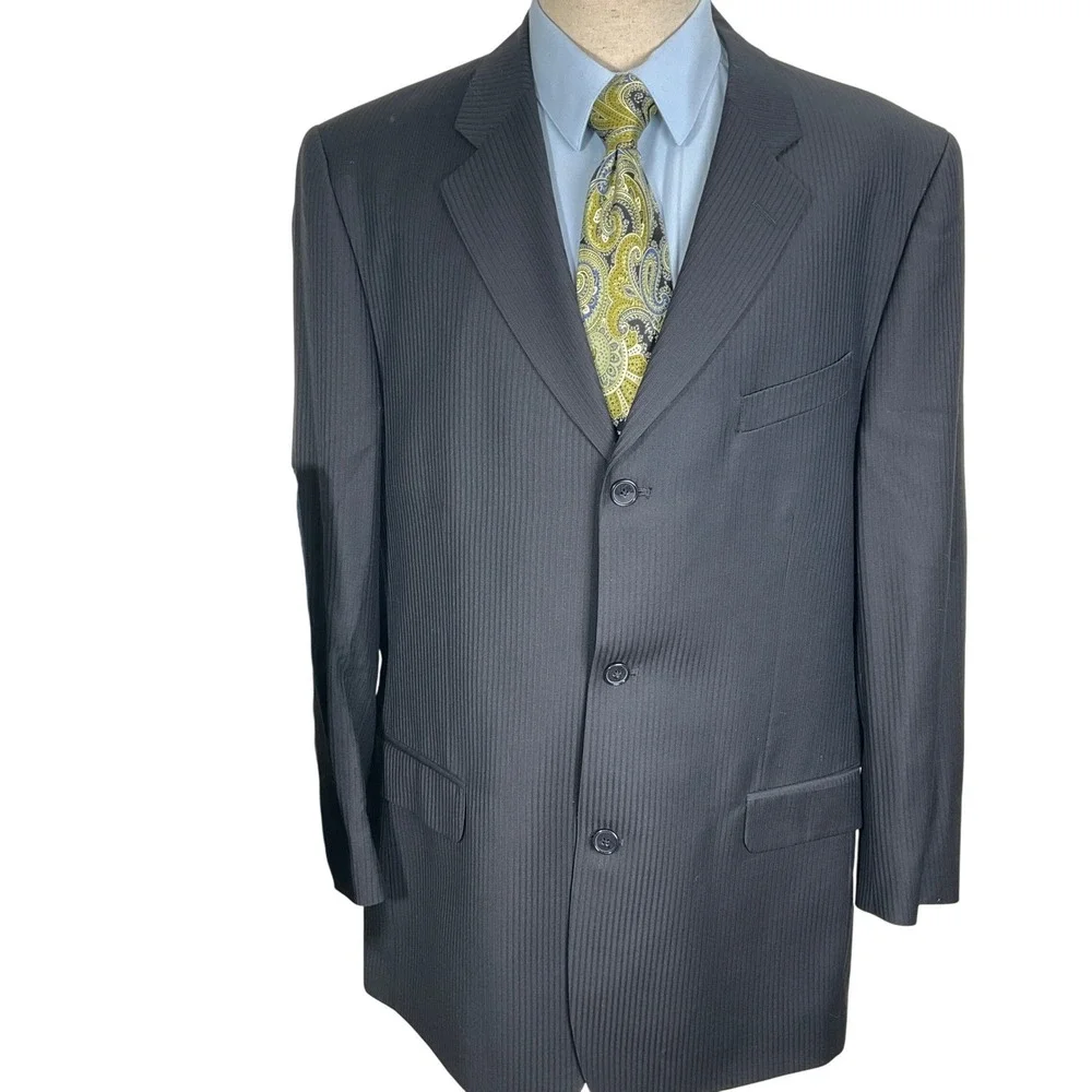Bachrach Suit Men 46L 38W 33 Navy Blue Pinstripe Wool Career Classic Italian VTG